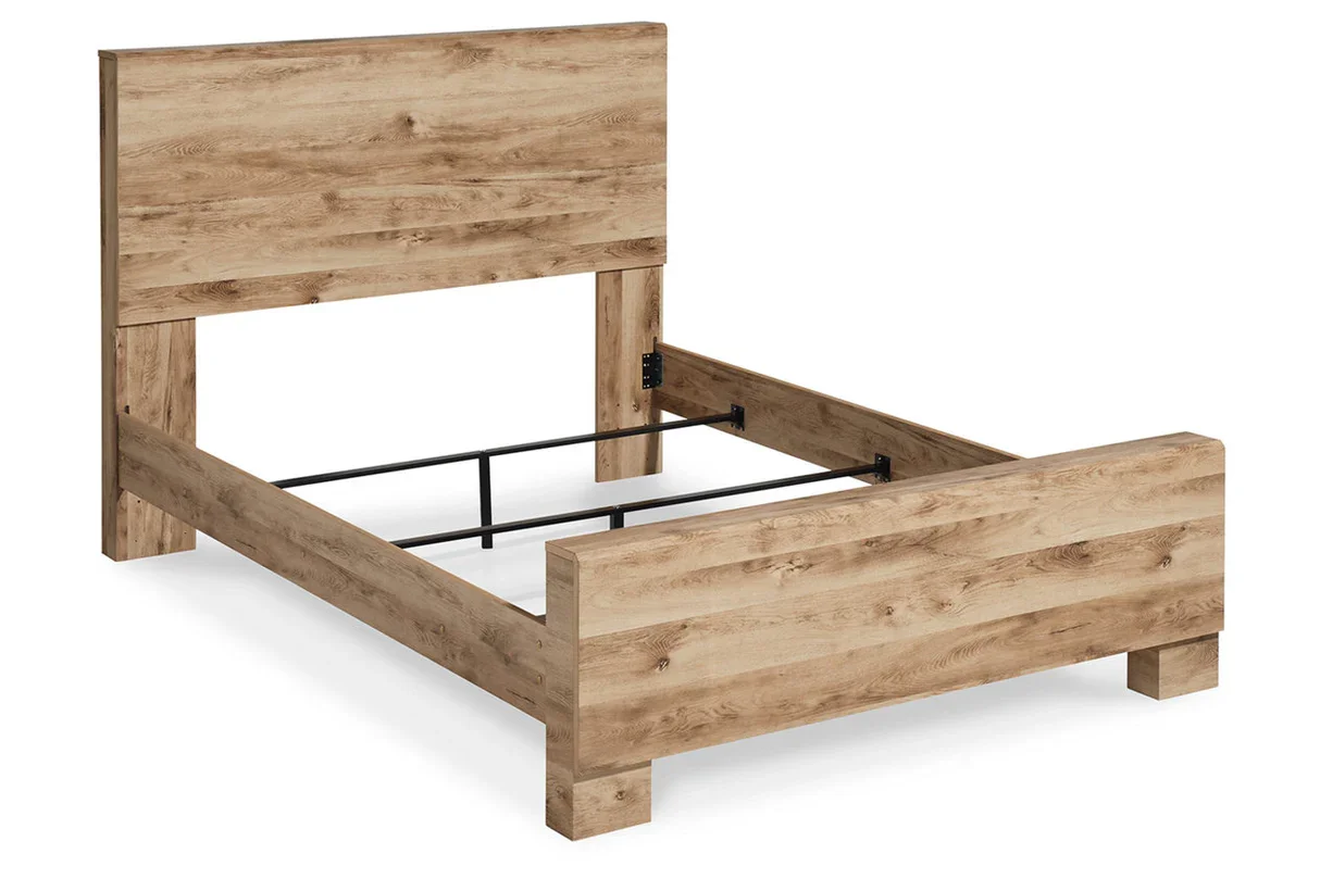Rustic-inspired panel bed with a golden oak-look finish, clean lines, and warm contemporary styling.