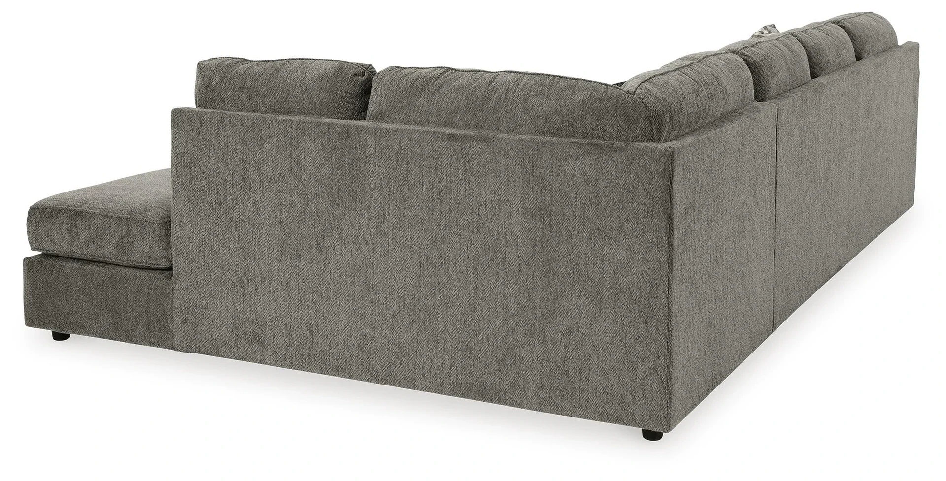 Contemporary putty-colored sectional with dual chaise seating, soft chenille upholstery, and coordinating accent pillows.