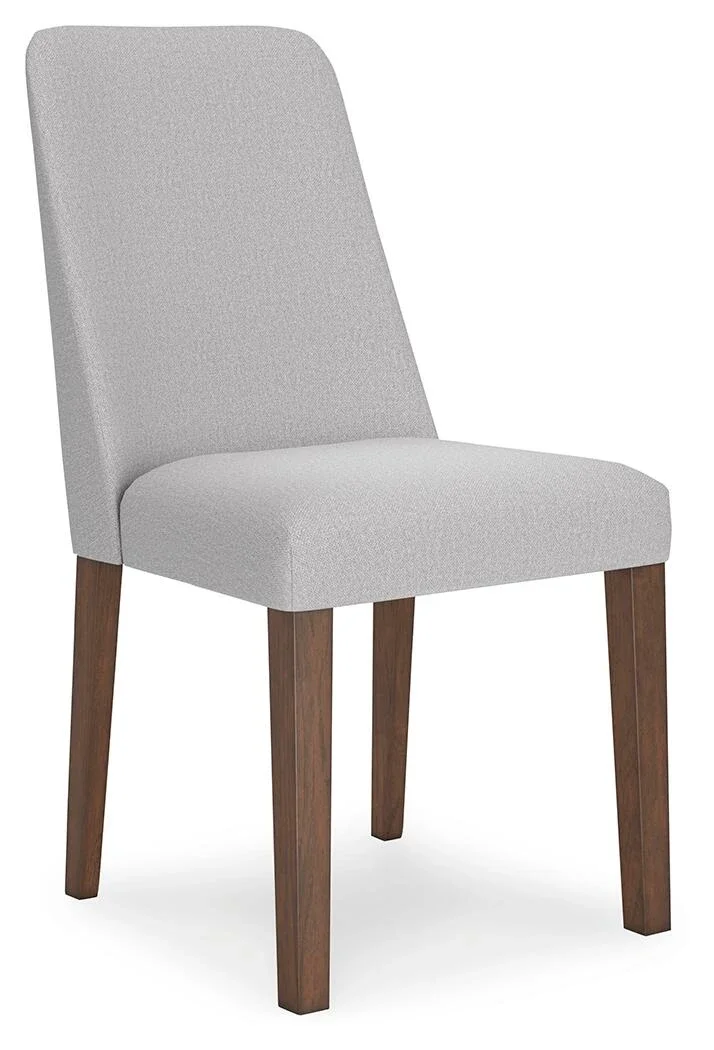 Upholstered dining chair with a solid hardwood frame, medium brown wood finish, and comfortable foam-cushioned polyester seat in a mid-century modern design.