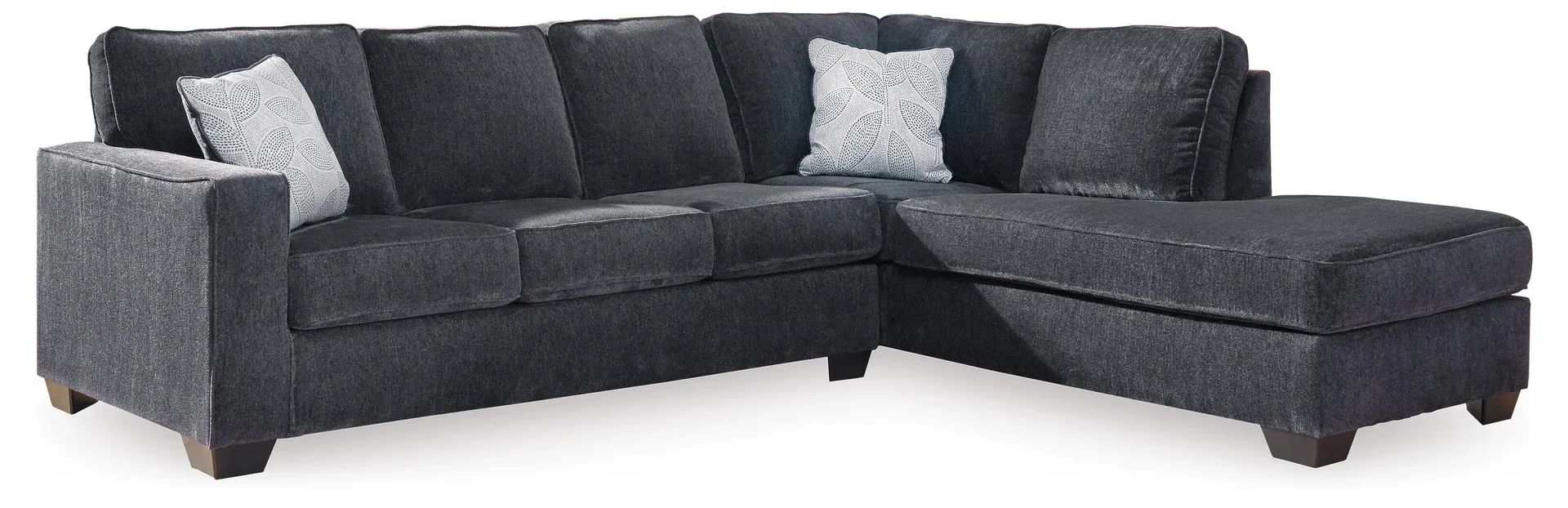 Contemporary sectional with chaise featuring soft chenille-feel upholstery, track arms, plush seating, and coordinating accent pillows.