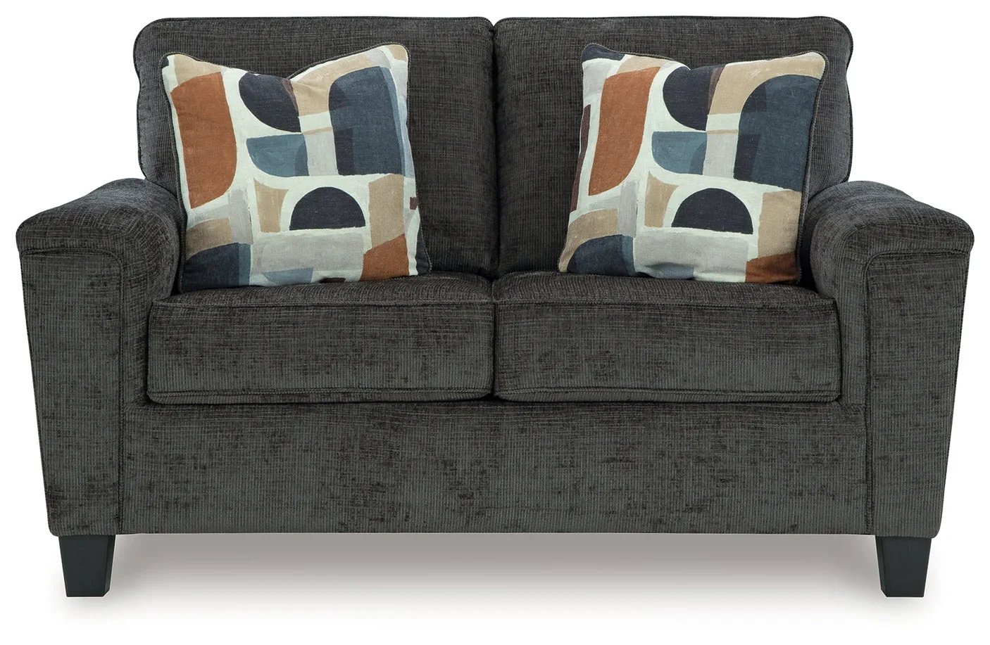 Matching contemporary loveseat with plush polyester upholstery, tapered faux wood legs, and coordinating accent pillows.