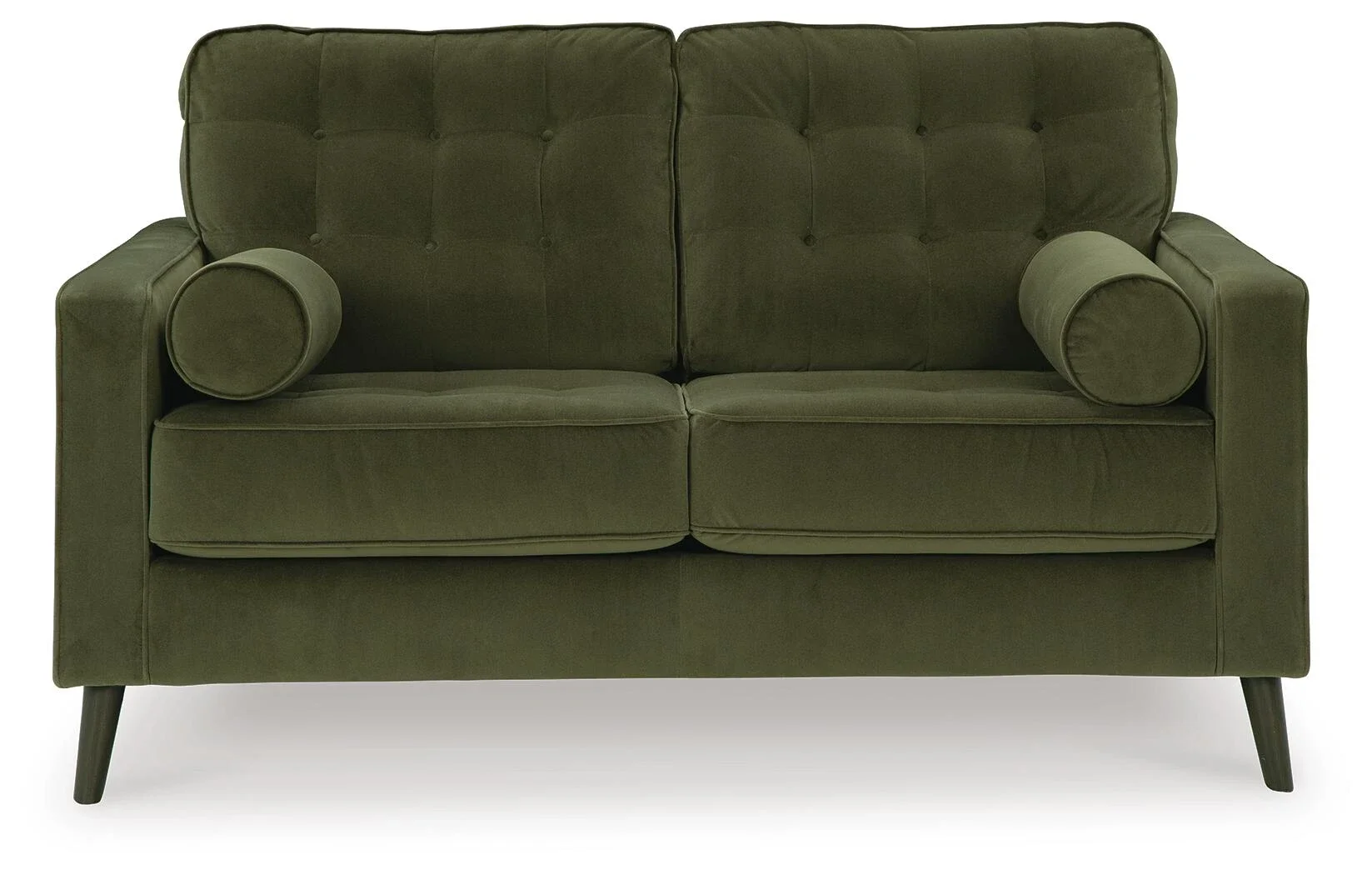 Matching velvet loveseat with button-tufted back cushions, tapered splay legs, plush seating, and coordinating bolster pillows.