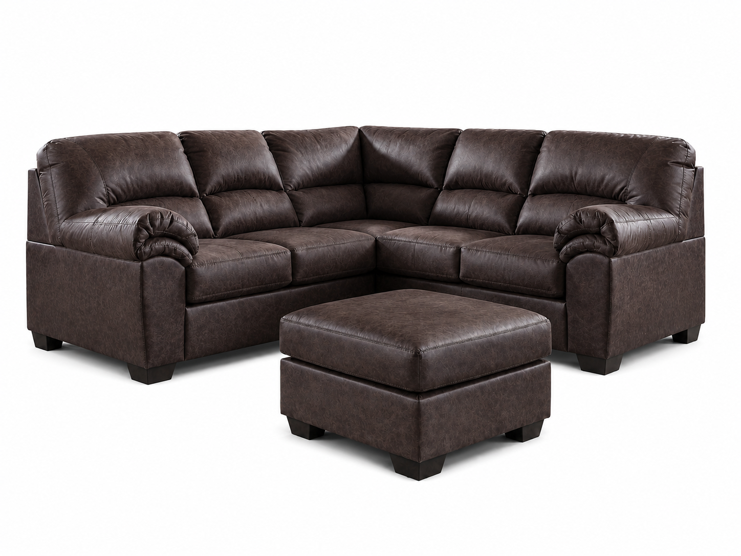 Weston sectional collection with a faux leather sectional and matching oversized ottoman on a white background.