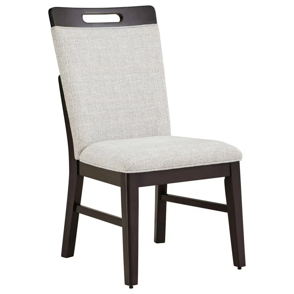 Contemporary dining chair with a solid wood frame, Next-Gen Nuvella™ performance fabric upholstery, foam-cushioned seat, and adjustable leg levelers.
