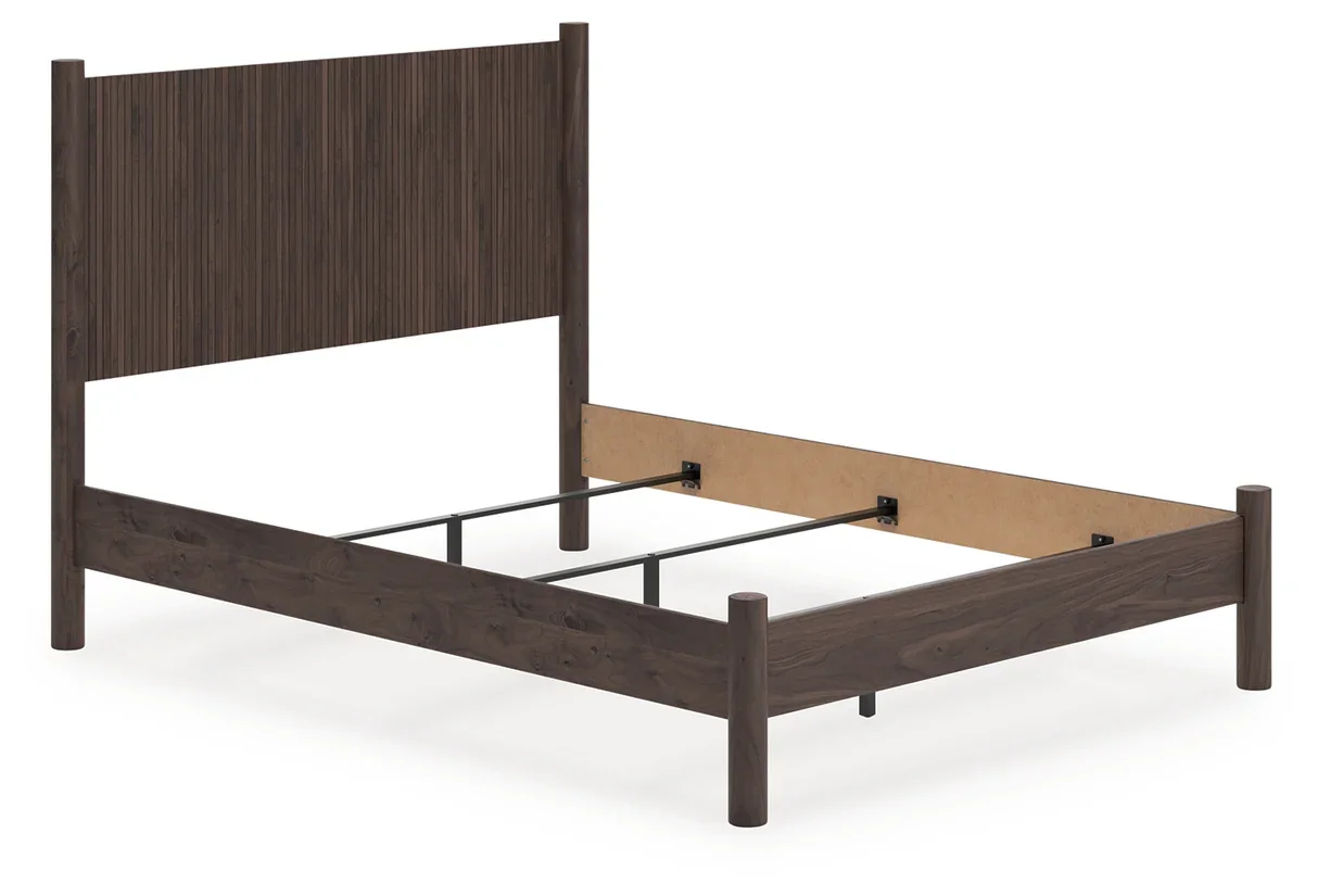 Modern panel bed with a rich walnut-look finish, clean lines, and contemporary styling.