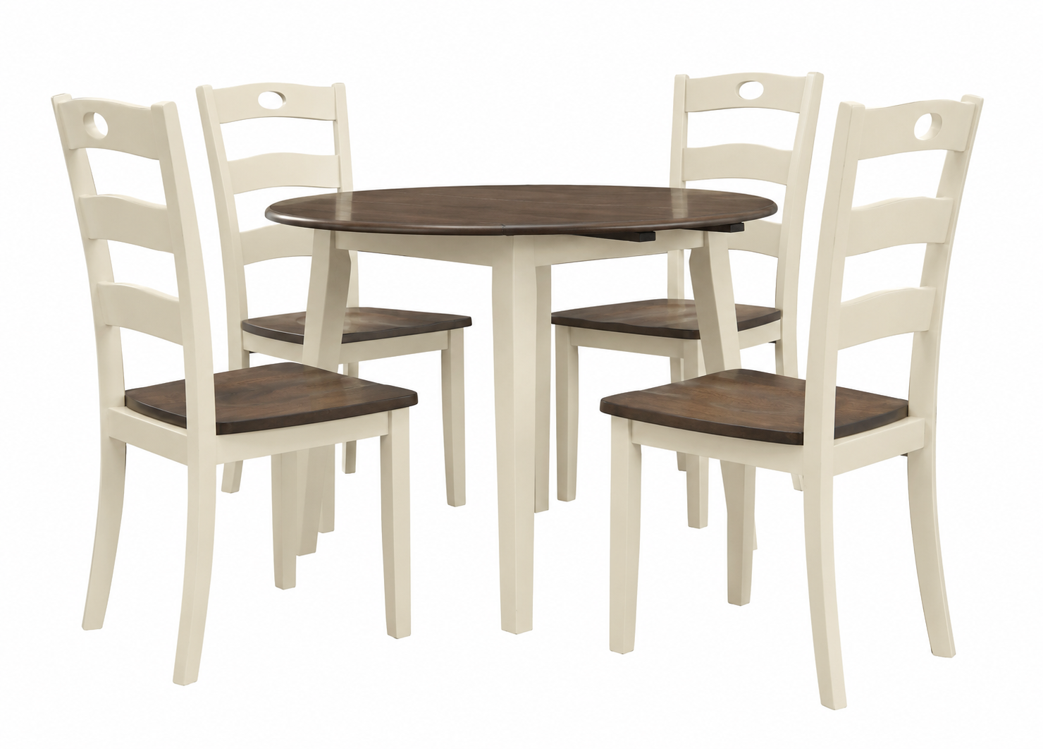 Woodbridge Dining Set with a round two-tone dining table and four matching cream and wood ladderback chairs.