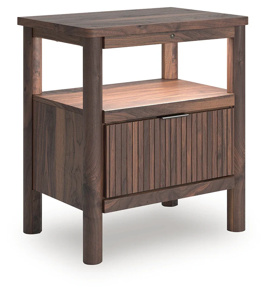 Modern one-drawer nightstand with a walnut-look finish, open shelf, ambient lighting, and built-in USB-A and USB-C charging ports.