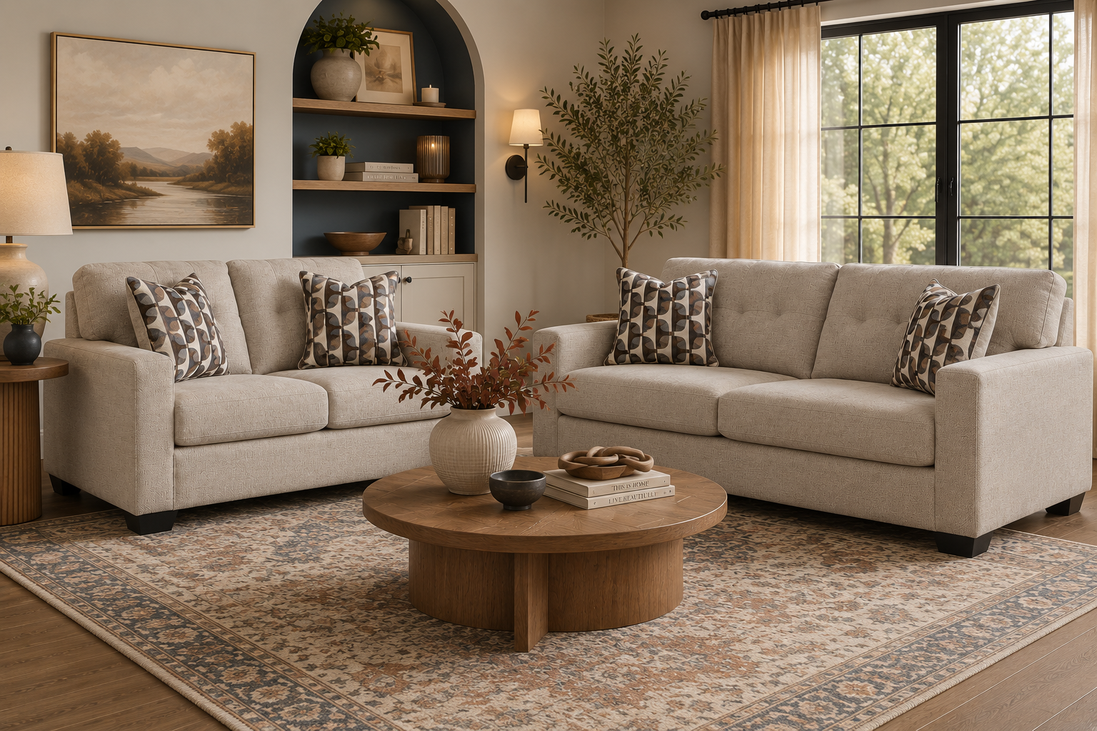 Monroe sofa and loveseat collection in a cozy contemporary living room featuring tufted back cushions and coordinating accent pillows.