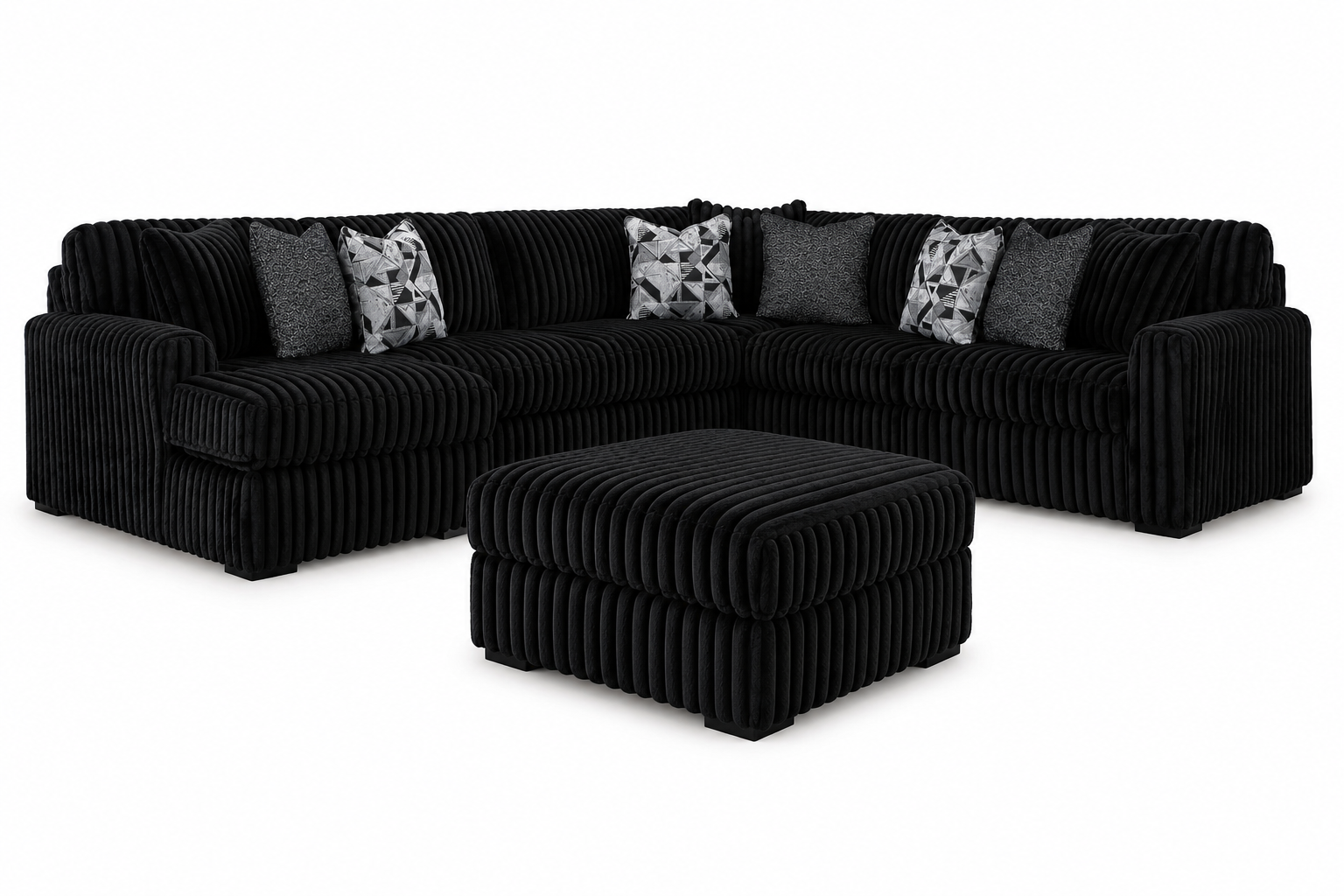 Monarch 4-piece sectional collection with a spacious sectional and matching oversized ottoman on a white background.