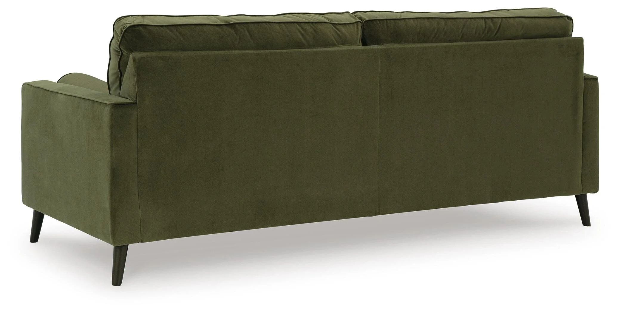 Contemporary velvet sofa with button-tufted back cushions, tapered splay legs, plush seating, and coordinating bolster pillows.