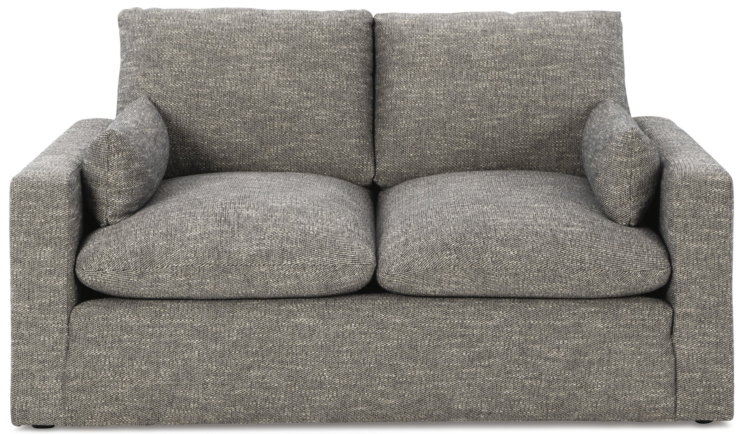 Matching loveseat with plush feather-fiber blend cushions, granite-colored upholstery, reversible cushions, and bolster pillows.