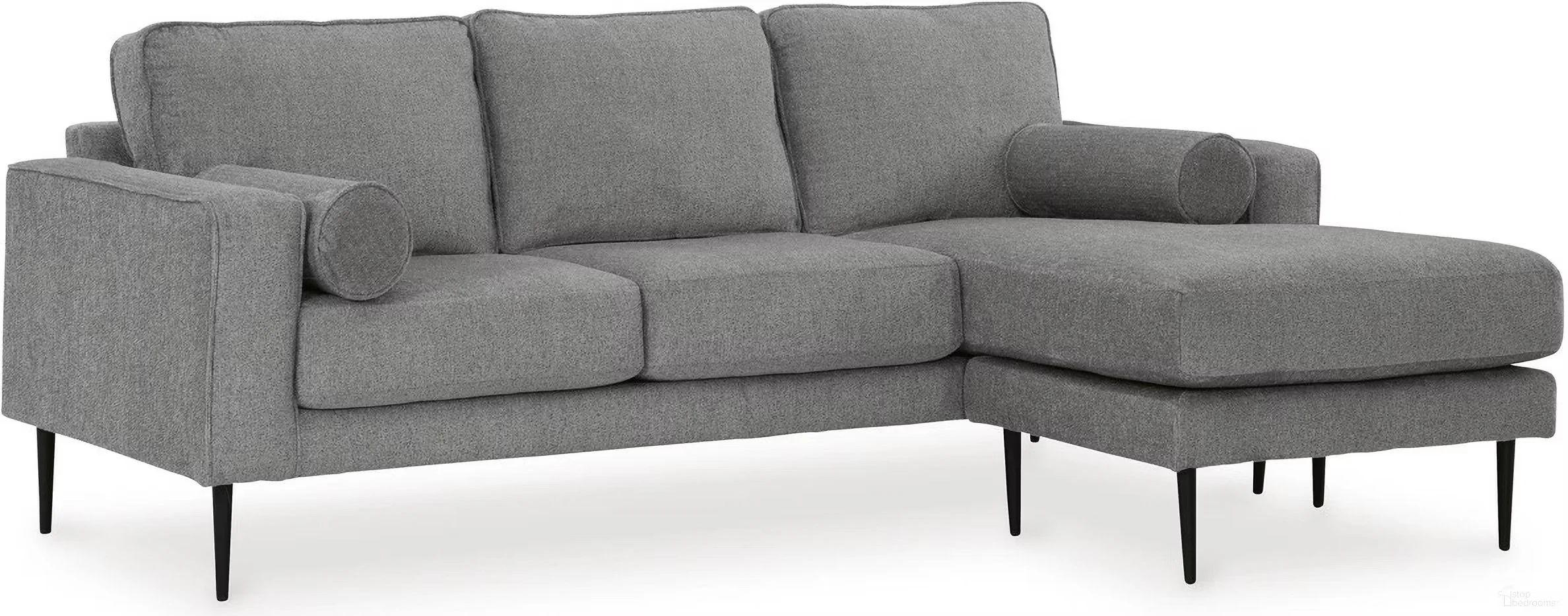 Modern reversible sofa chaise with textured polyester upholstery, slim profile, bolster pillows, and black metal accent legs.