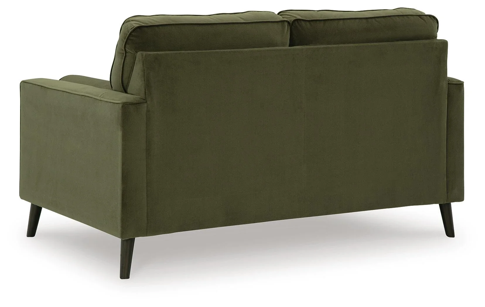 Matching velvet loveseat with button-tufted back cushions, tapered splay legs, plush seating, and coordinating bolster pillows.