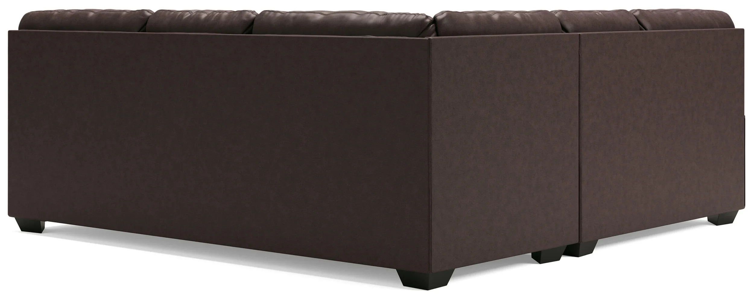 Contemporary faux leather sectional with corner wedge, jumbo stitching, plush seating, and rich umber upholstery.