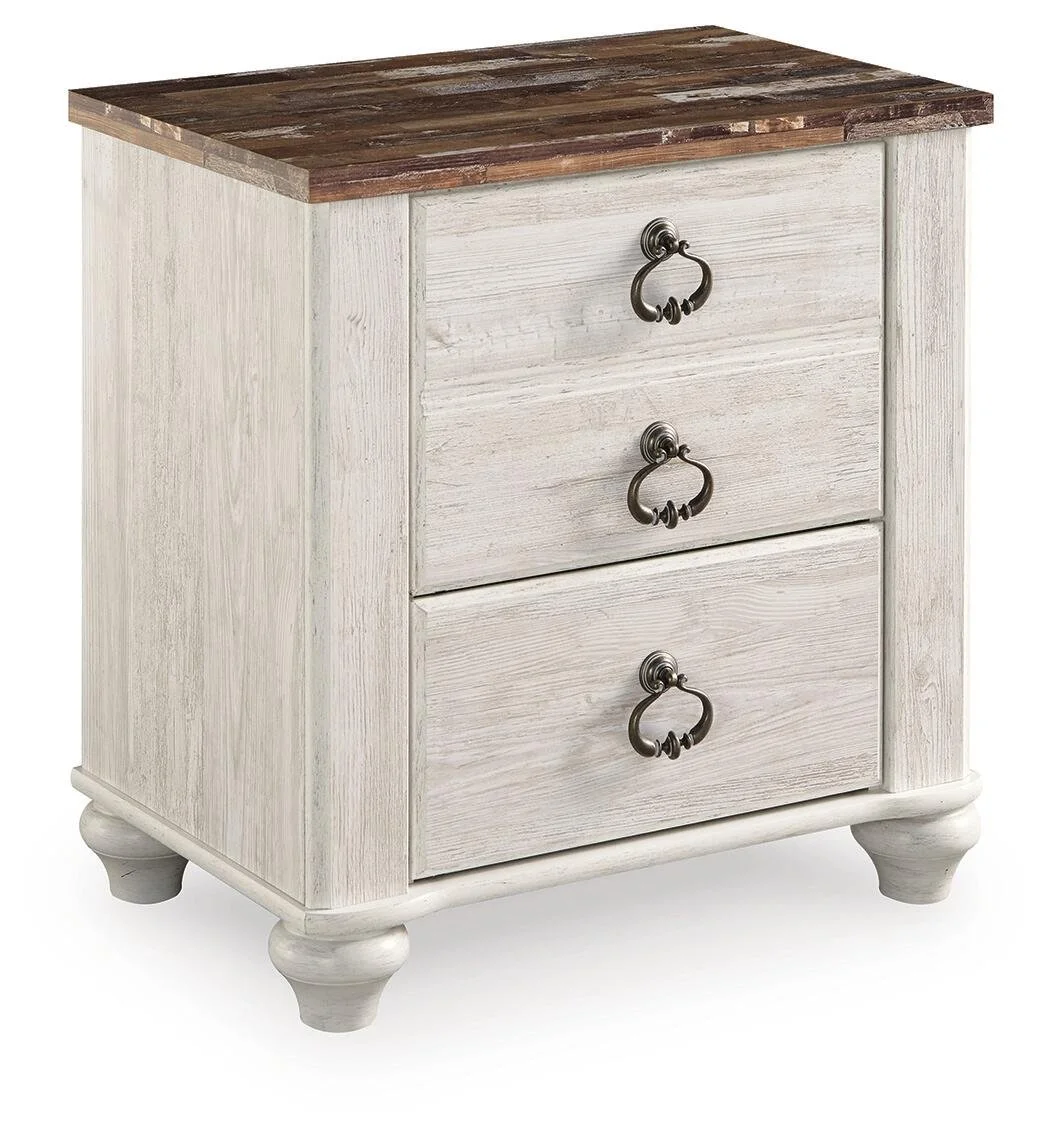 Two-drawer whitewash nightstand with built-in USB charging ports, antiqued brass-tone ring-pull hardware, and rustic wood detailing.
