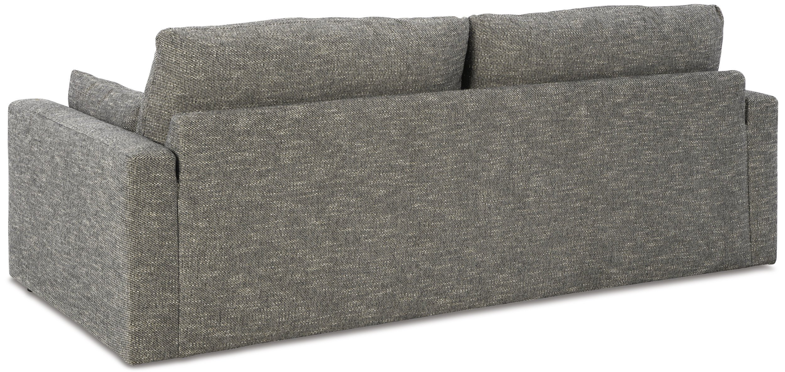 Contemporary sofa with deep feather-fiber blend cushions, granite-colored upholstery, reversible cushions, and bolster pillows.