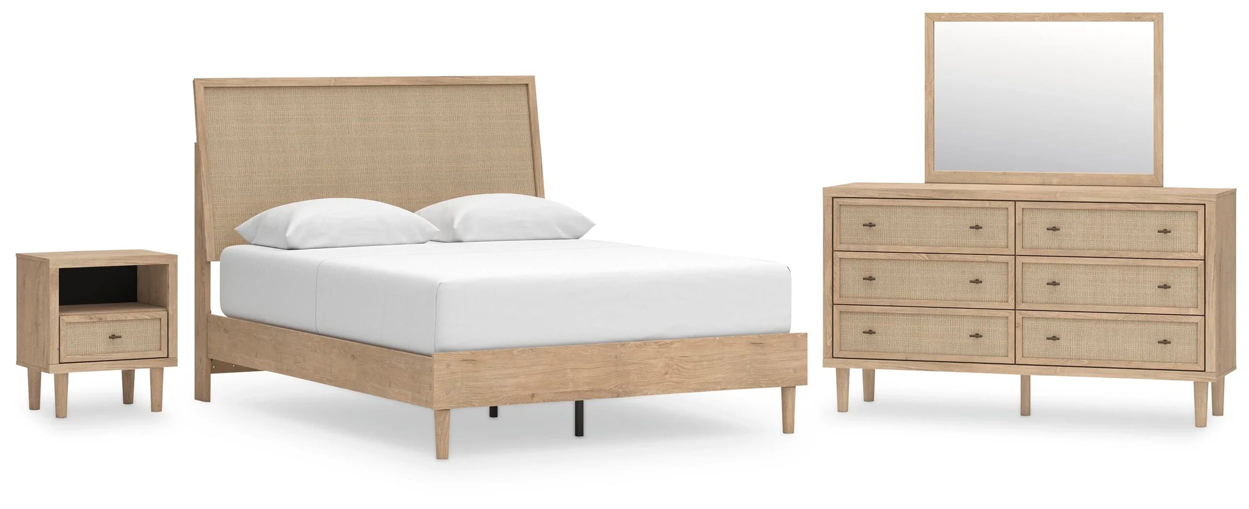 Camden 4-piece bedroom set with a light wood panel bed, dresser with mirror, and nightstand on a white background.