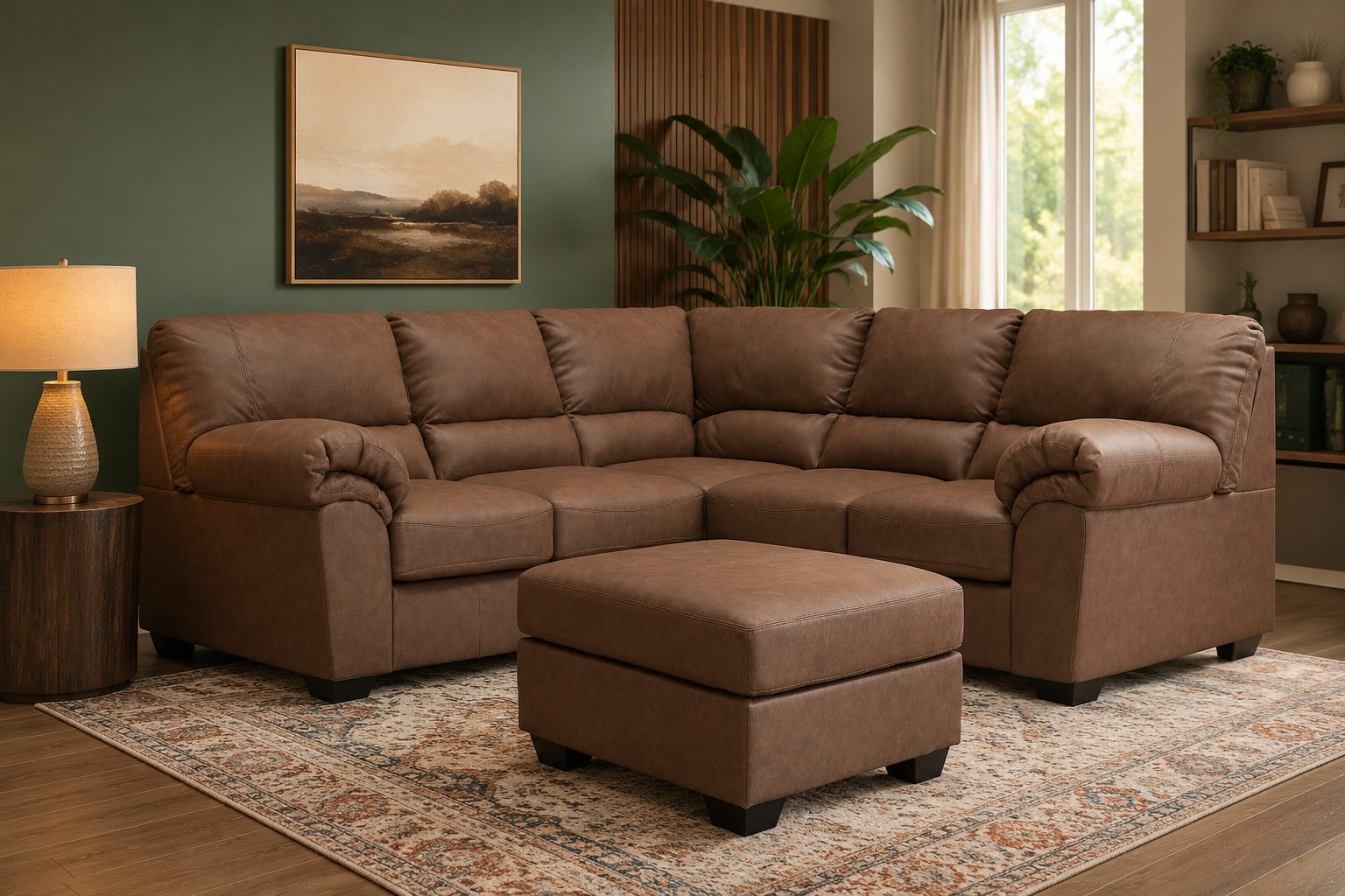 Weston sectional collection in a contemporary living room featuring rich umber faux leather upholstery and a matching oversized ottoman.