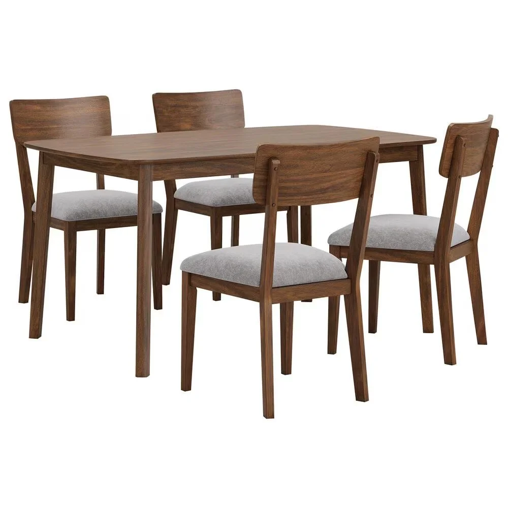 Tilden 5-piece dining set with a rectangular medium brown dining table and four upholstered mid-century dining chairs on a white background.