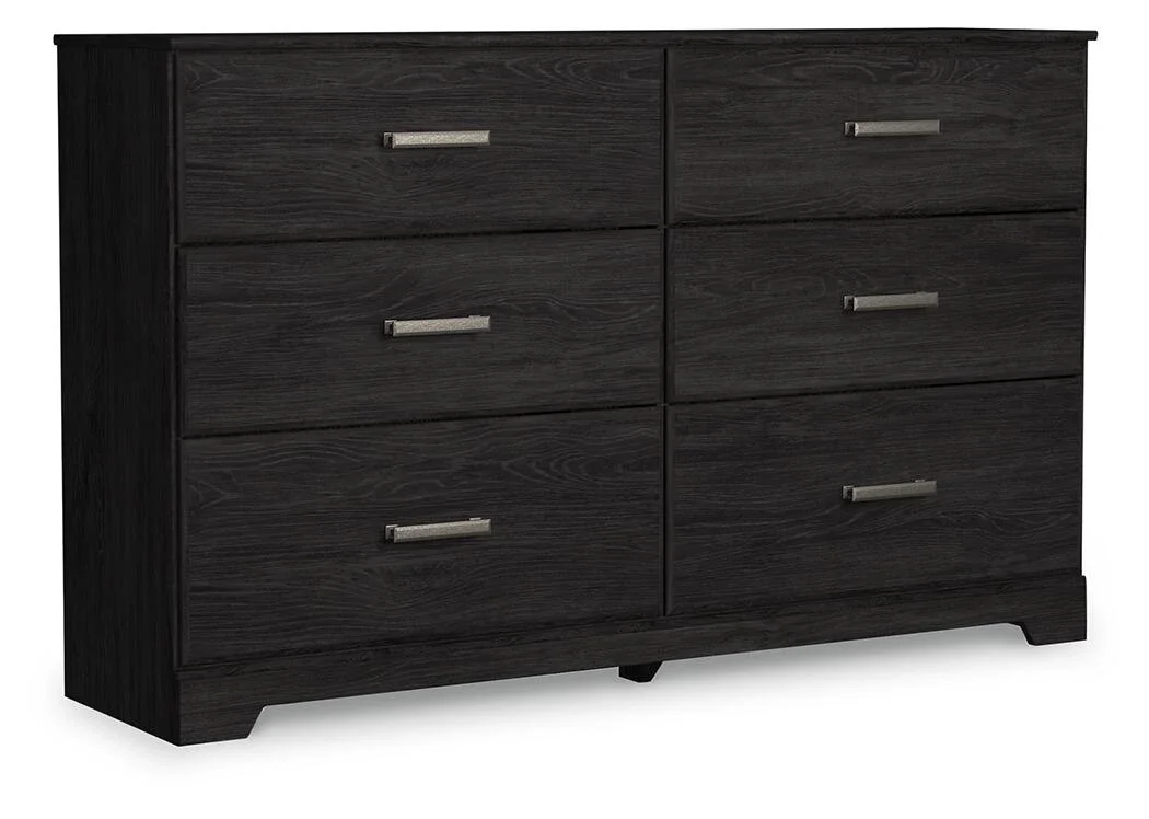 Six-drawer charcoal dresser with a matching framed mirror, smooth-gliding drawers, and antiqued pewter-tone hardware.