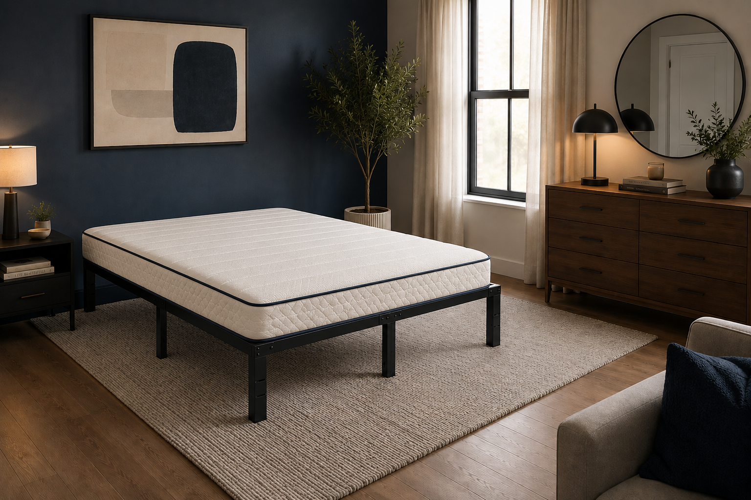 Metal platform bed frame supporting a mattress in a modern bedroom