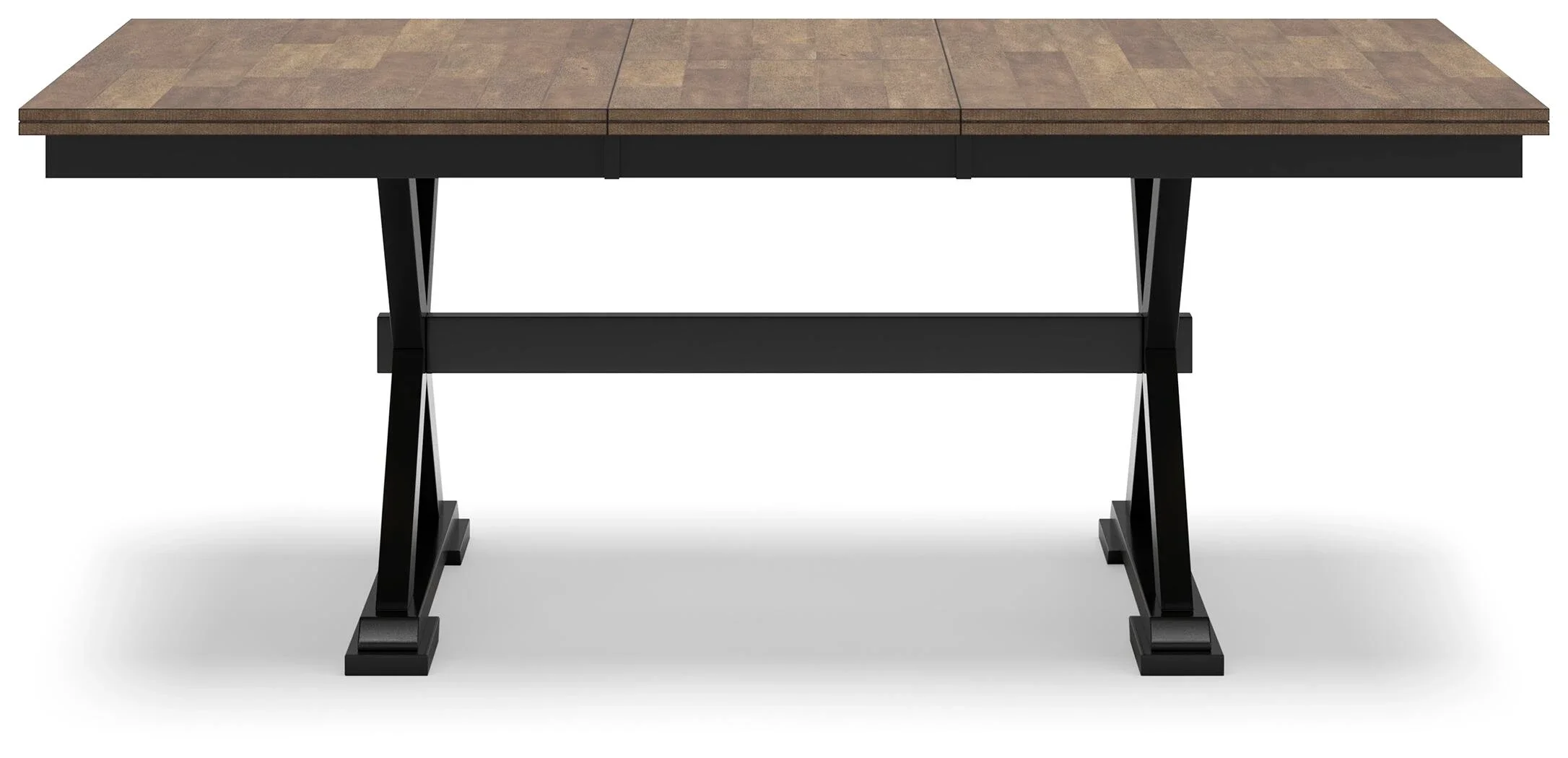 Black Windsor rectangular dining table with two-tone butcher block-style top and satin black base.