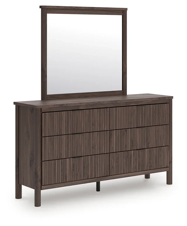 Six-drawer dresser with a matching mirror, walnut wood-look finish, faux linen-lined drawers, and modern black drawer pulls.