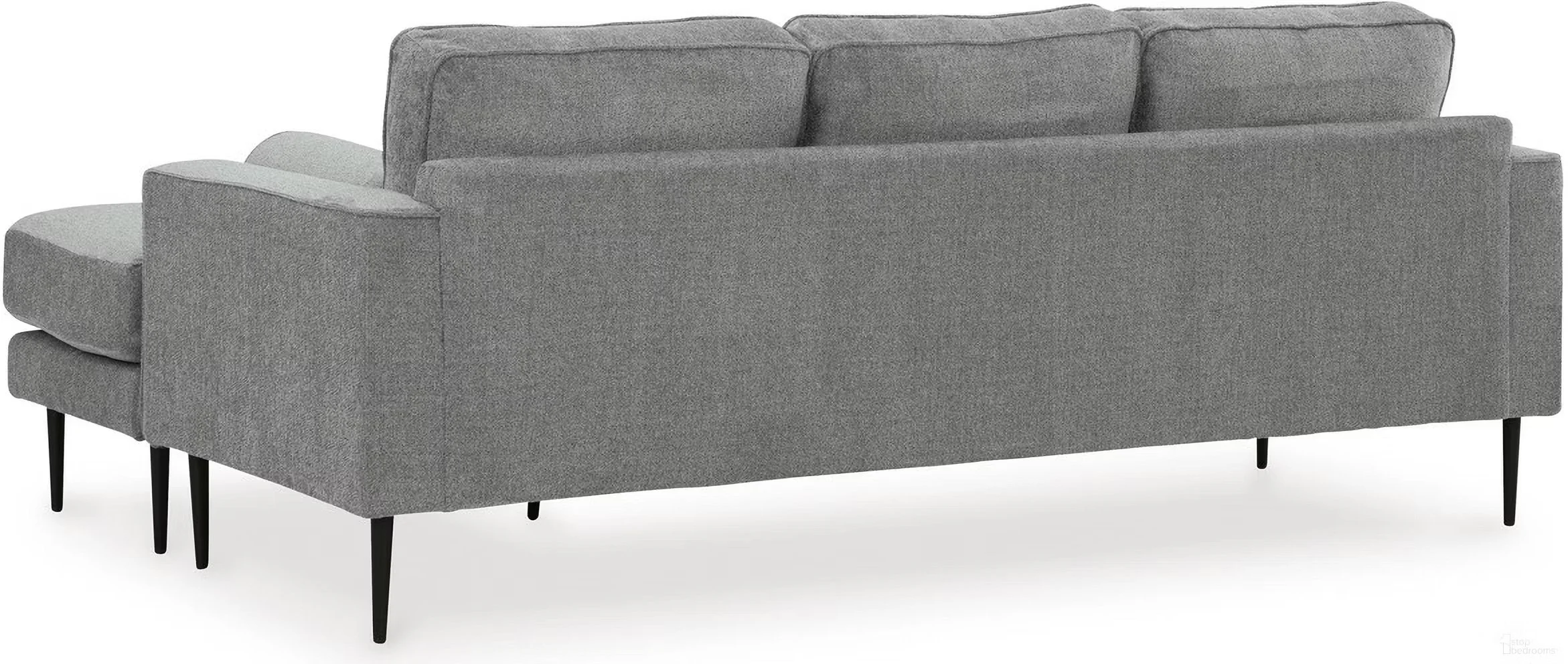 Modern reversible sofa chaise with textured polyester upholstery, slim profile, bolster pillows, and black metal accent legs.