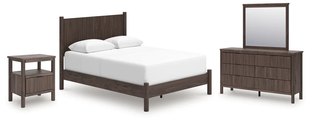 Prescott 4-piece bedroom set with a walnut panel bed, dresser with mirror, and nightstand on a white background.