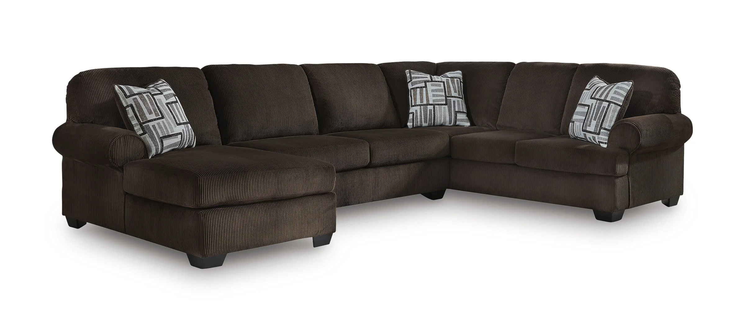 Transitional sectional with chaise featuring soft chocolate brown corded upholstery, plush seating, and coordinating accent pillows.