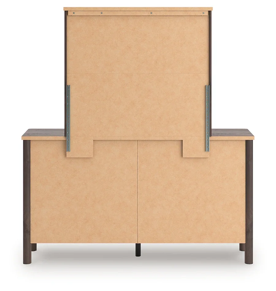 Six-drawer dresser with a matching mirror, walnut wood-look finish, faux linen-lined drawers, and modern black drawer pulls.