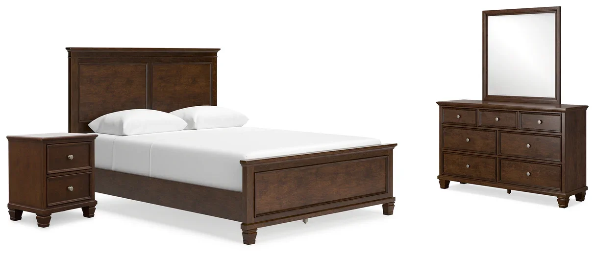 Dover 4-piece bedroom set with a cherry panel bed, dresser with mirror, and nightstand on a white background.