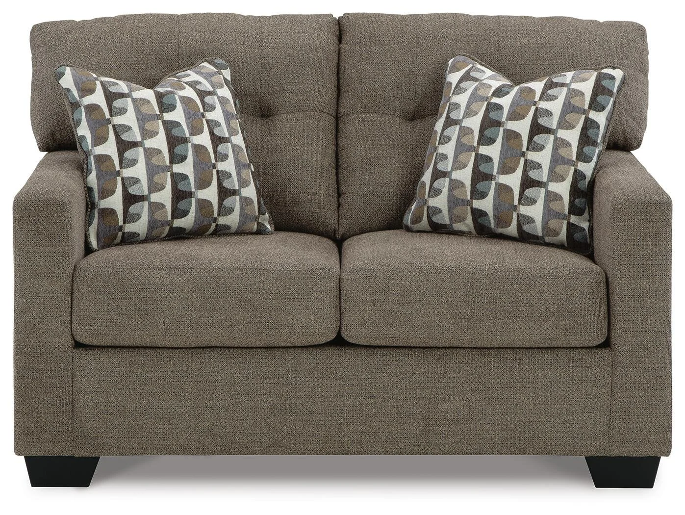 Matching transitional loveseat with tufted back cushions, soft polyester upholstery, plush seating, and coordinating accent pillows.