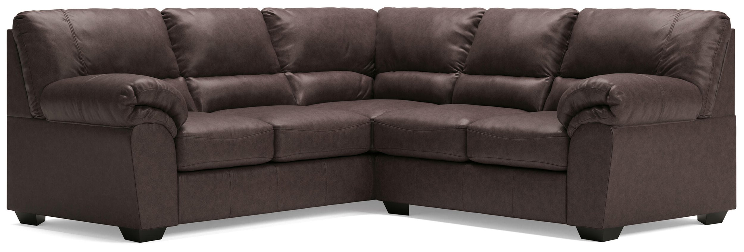 Contemporary faux leather sectional with corner wedge, jumbo stitching, plush seating, and rich umber upholstery.