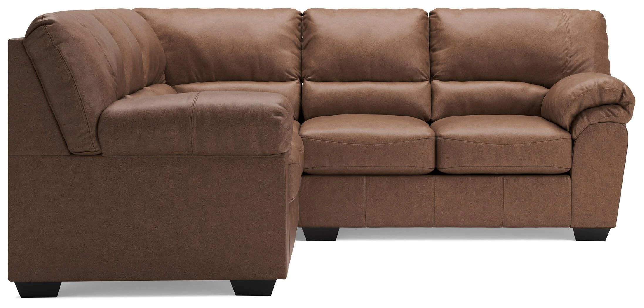 Contemporary faux leather sectional with corner wedge, jumbo stitching, plush seating, and rich umber upholstery.
