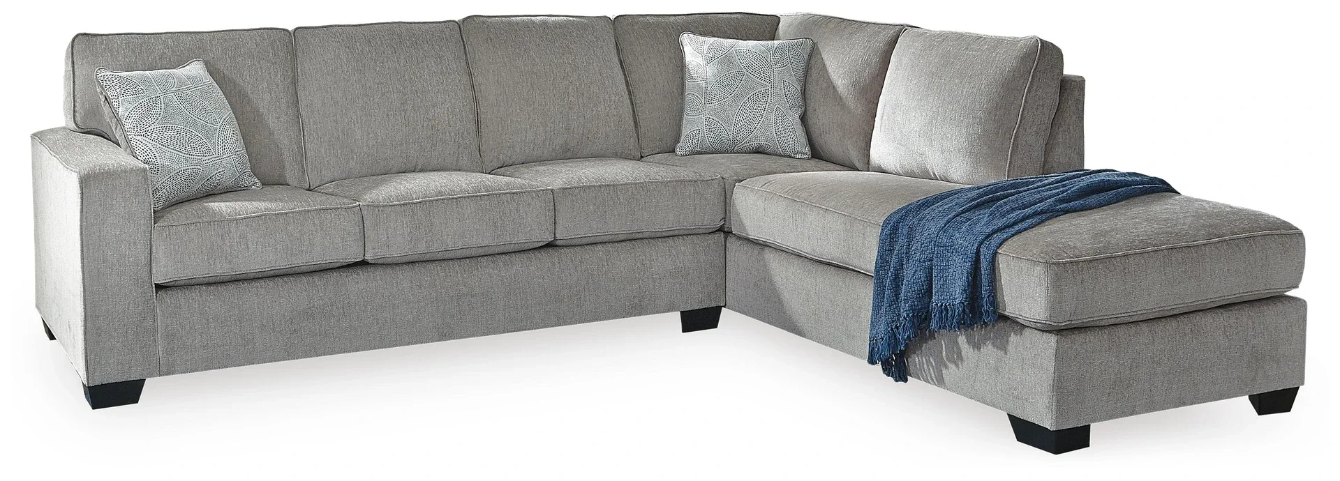 Contemporary sectional with chaise featuring soft chenille-feel upholstery, track arms, plush seating, and coordinating accent pillows.