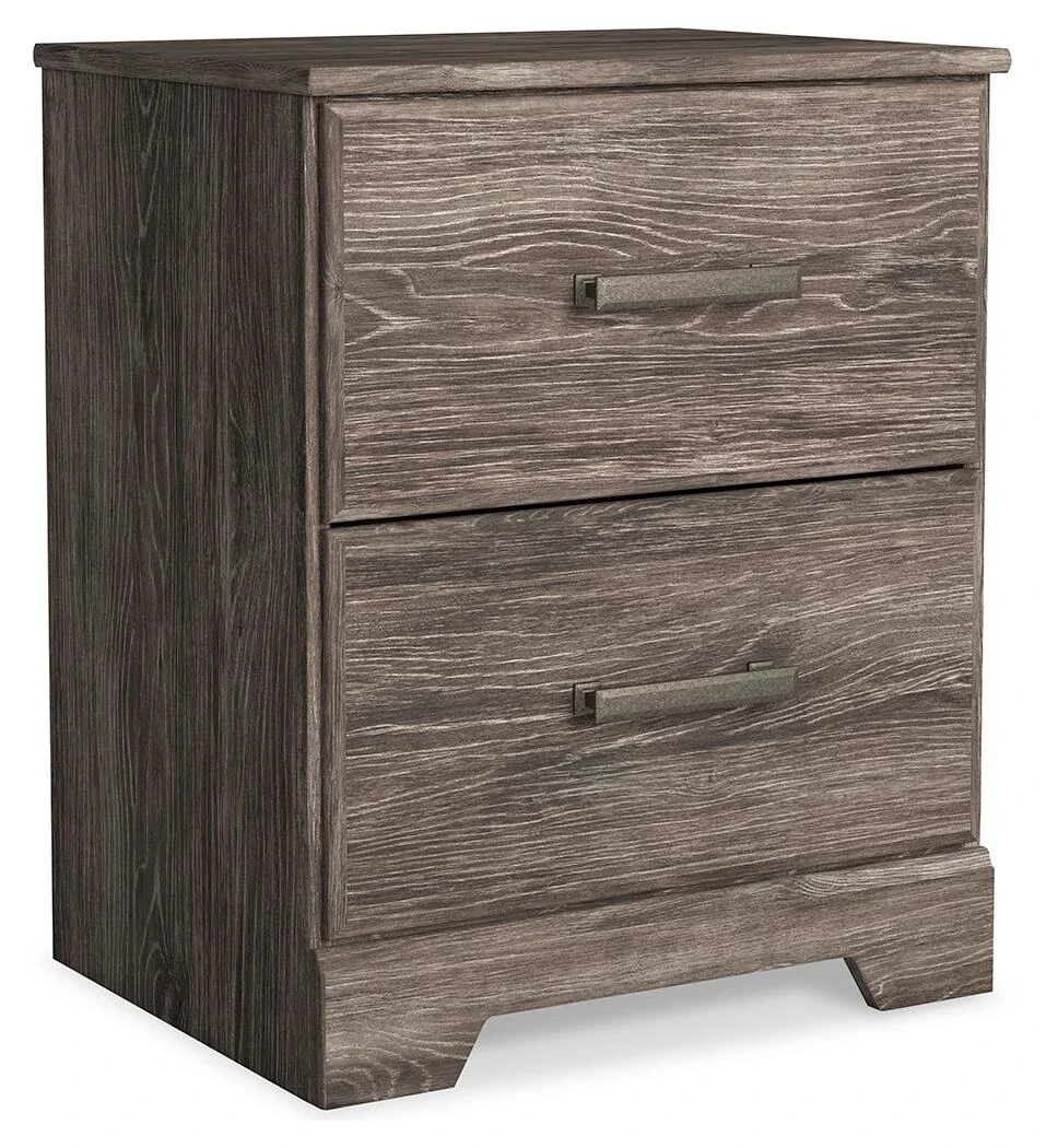 Two-drawer nightstand with a warm gray oak-look finish, smooth-gliding drawers, and large antiqued pewter-tone handles.