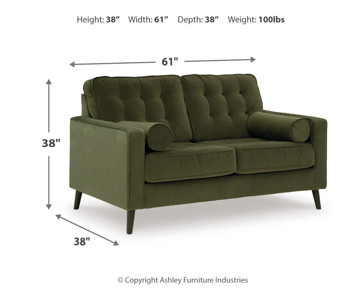 Remington loveseat dimensions showing overall width, depth, and height measurements.