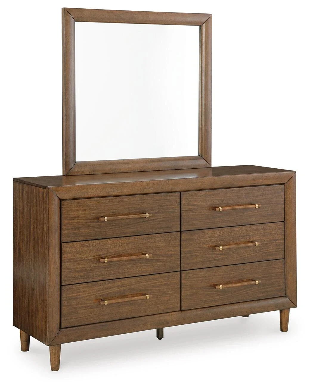 Six-drawer dresser with a matching mirror, mango wood finish, dovetail drawers, and smooth ball-bearing drawer glides.
