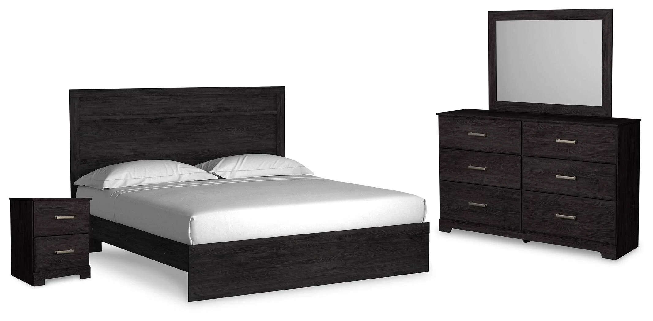 Six-drawer charcoal dresser with a matching framed mirror, smooth-gliding drawers, and antiqued pewter-tone hardware.