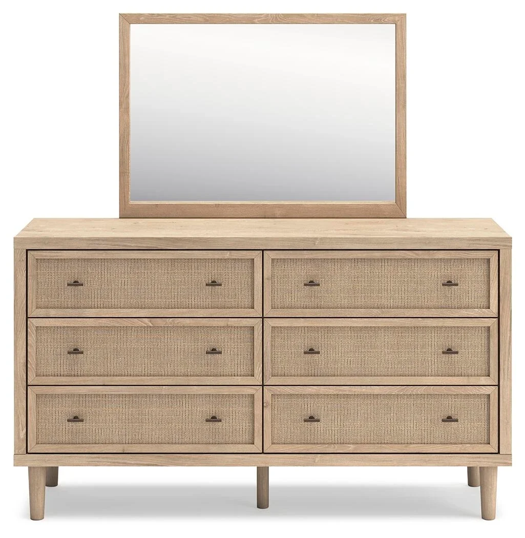 Six-drawer dresser with a matching mirror, light oak finish, cane-inspired drawer fronts, faux linen-lined drawers, and bronze-tone hardware.