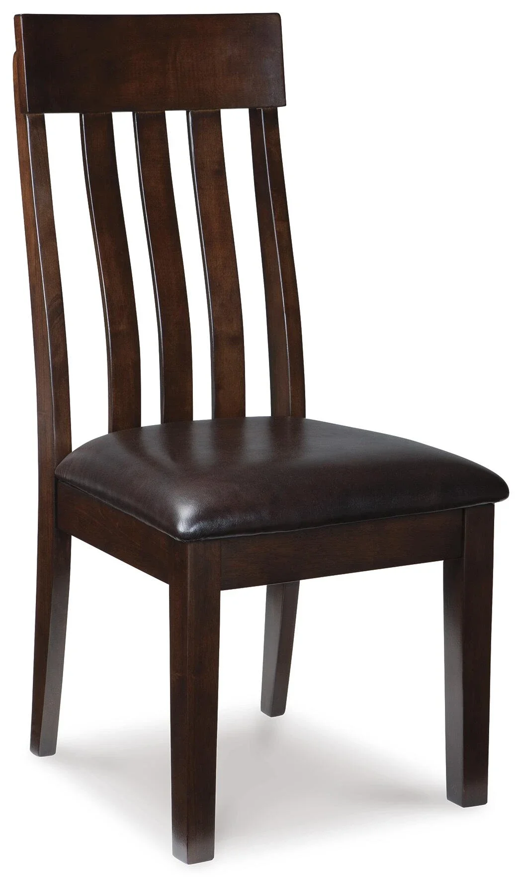 Rake-back dining chair with a sturdy wood frame, button-tufted faux leather upholstery, and a foam-cushioned seat.