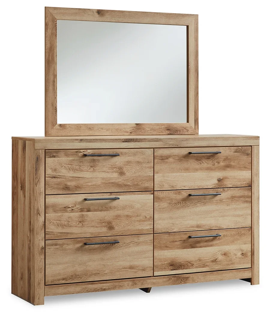 Six-drawer dresser with a matching mirror, golden rustic finish, faux linen-lined drawers, and antiqued gunmetal hardware.
