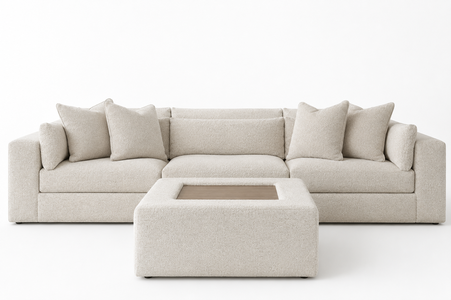 Ashton modular sectional collection with a three-piece modular sectional and matching oversized ottoman on a white background.