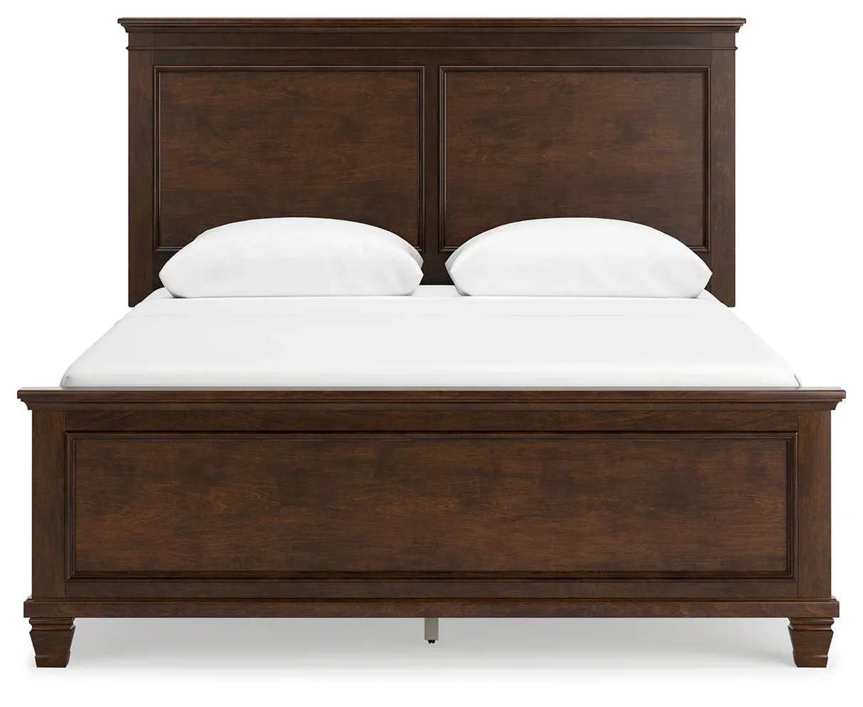 Traditional cherry panel bed with a rich brownish cherry finish, clean lines, and tapered feet.