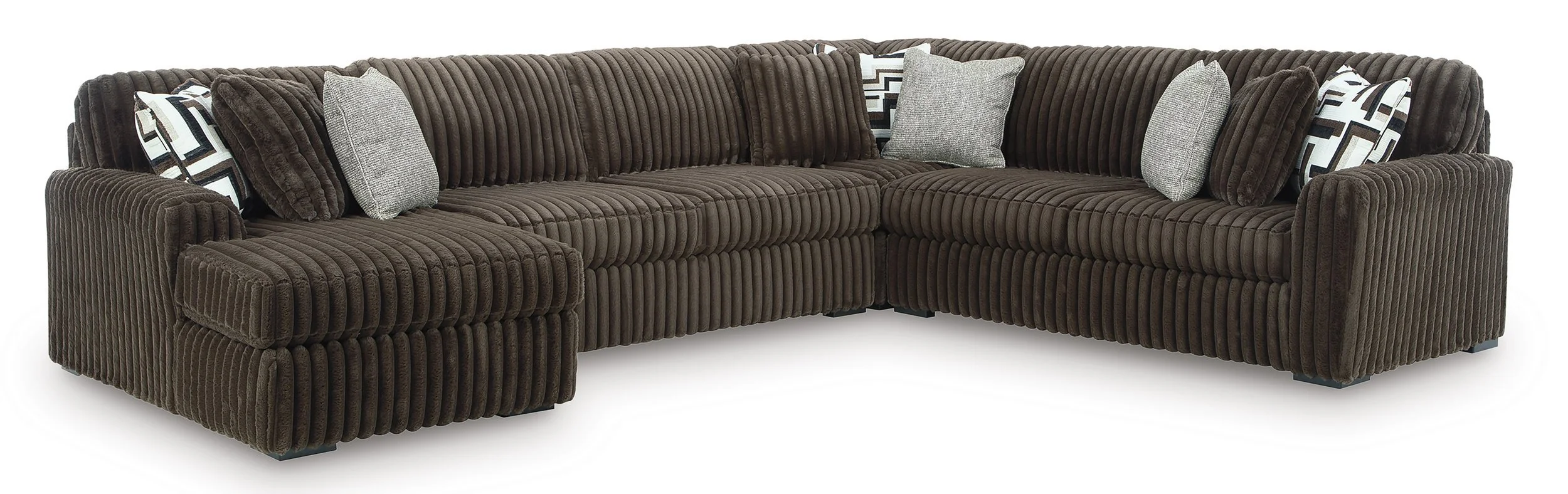 Oversized contemporary 4-piece sectional with jumbo corduroy upholstery, reversible cushions, corner chaise, and plush seating.