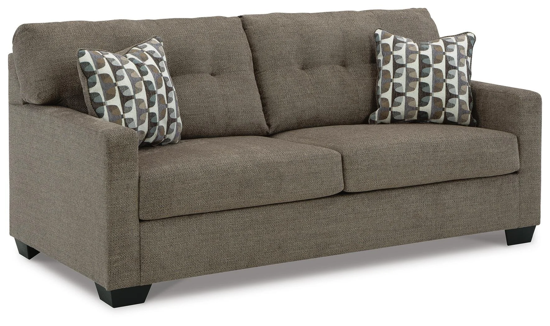 Transitional sofa with tufted back cushions, soft multi-toned polyester upholstery, plush seating, and coordinating accent pillows.