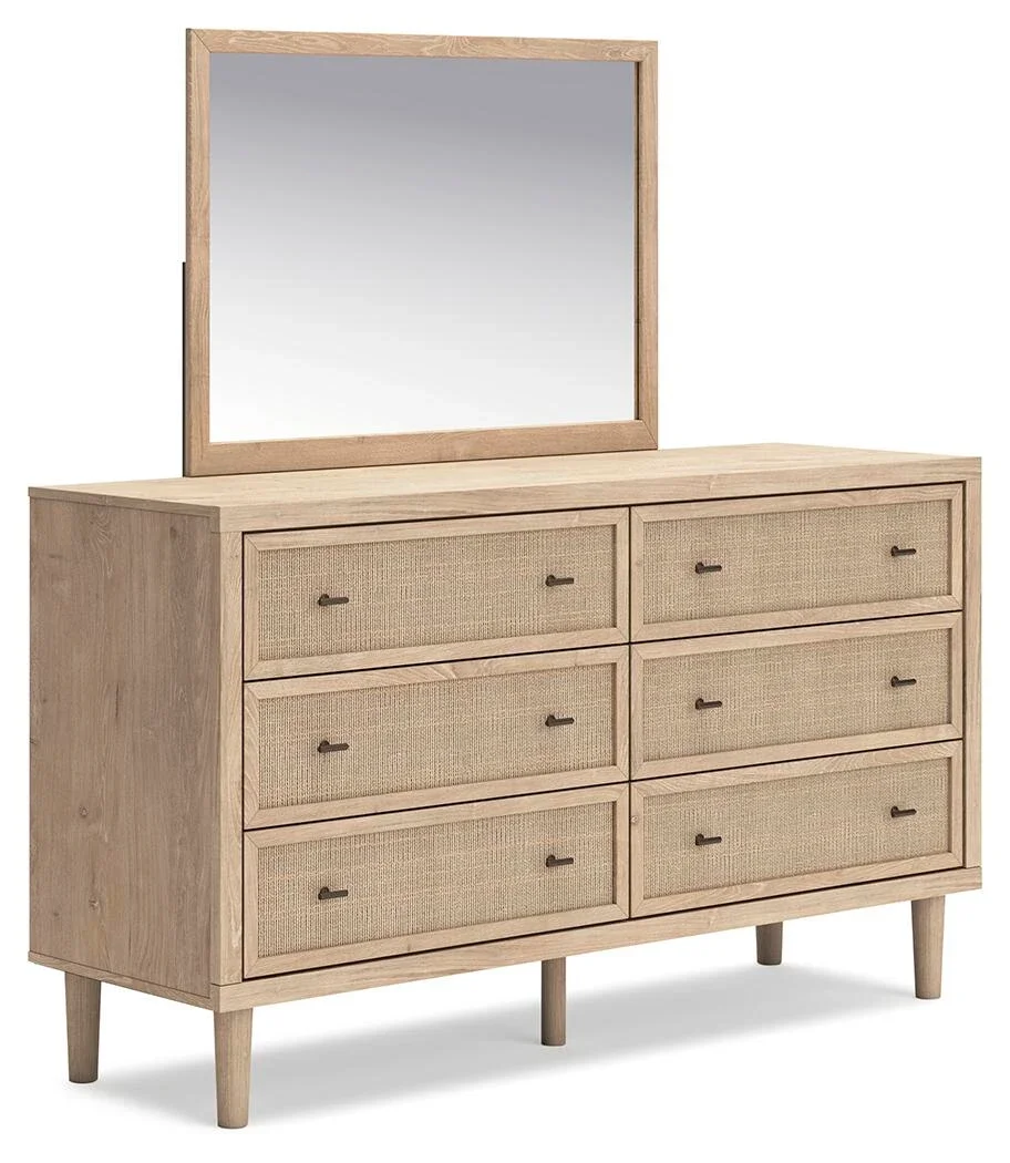 Six-drawer dresser with a matching mirror, light oak finish, cane-inspired drawer fronts, faux linen-lined drawers, and bronze-tone hardware.