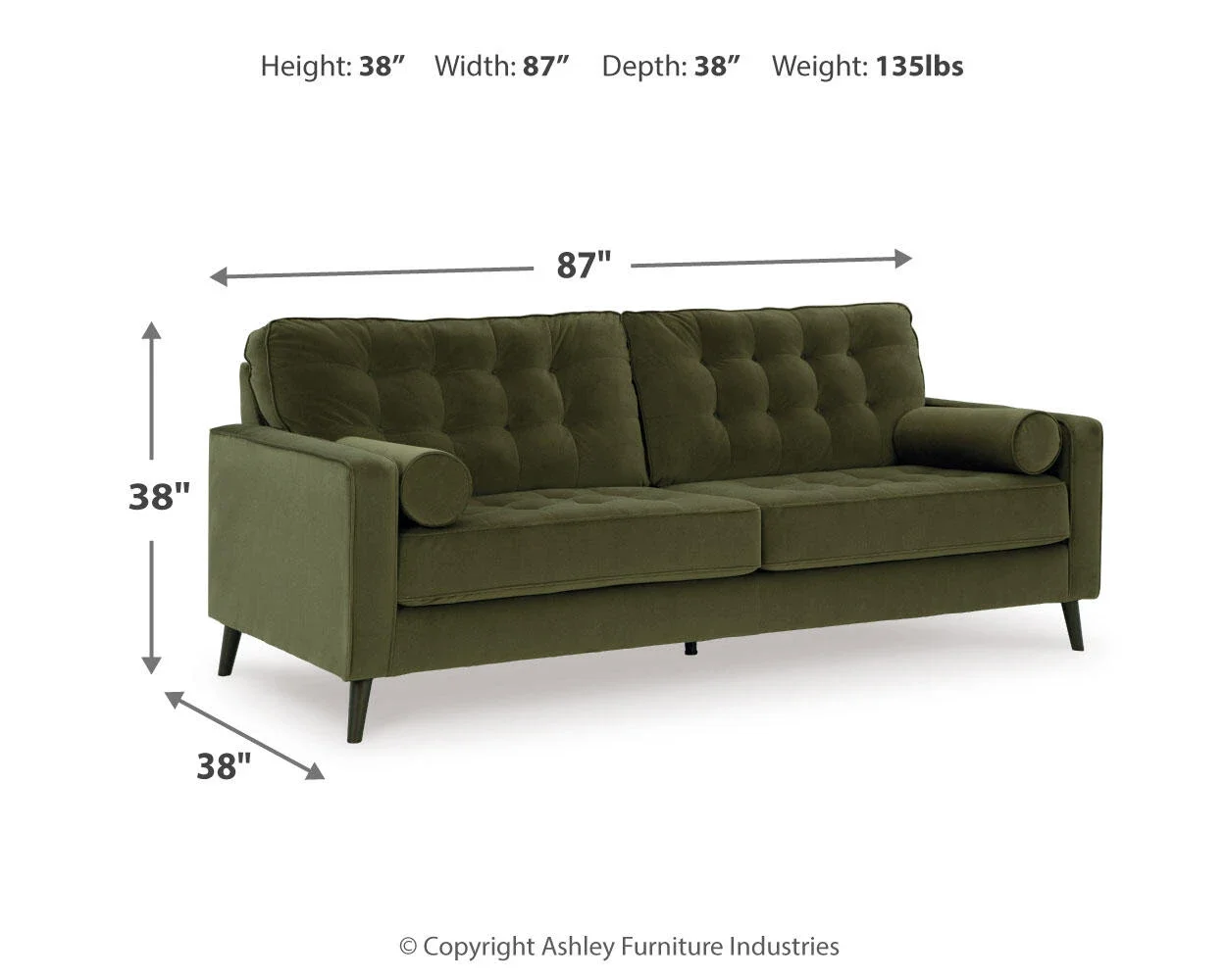 Remington sofa dimensions showing overall width, depth, and height measurements.
