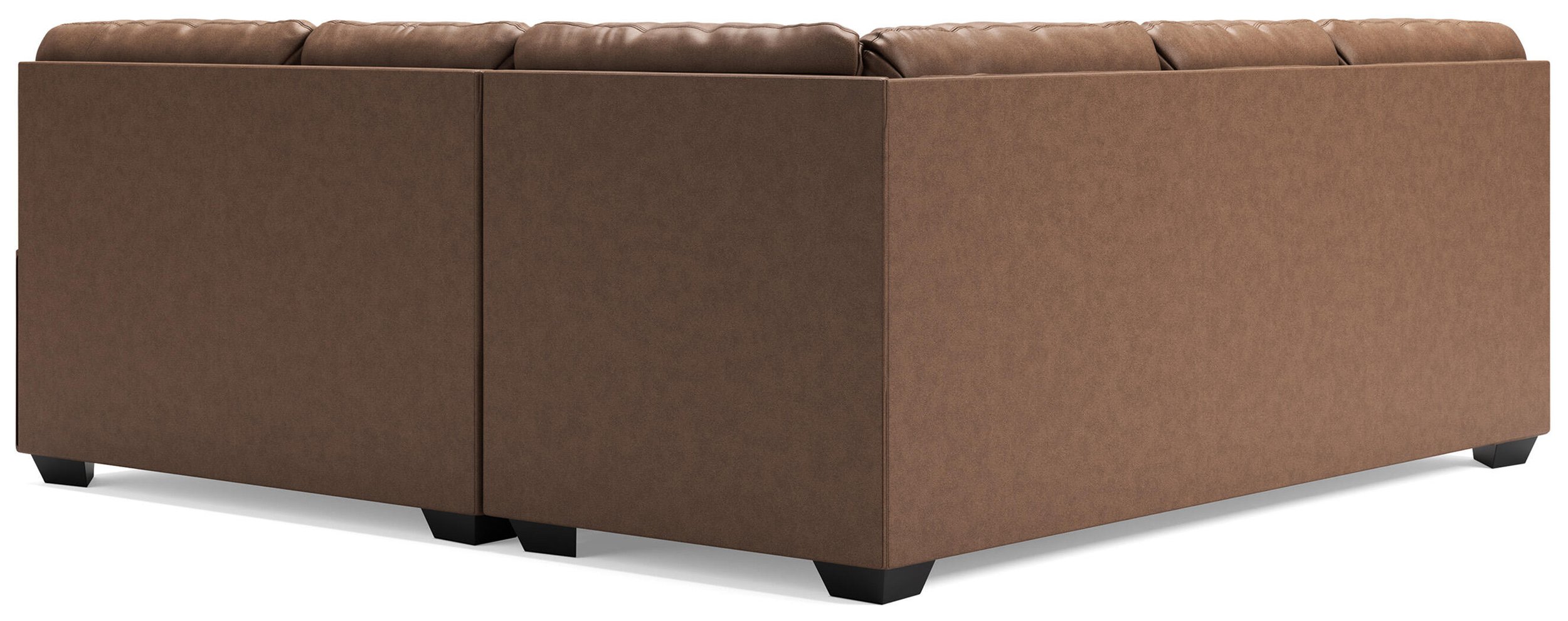Contemporary faux leather sectional with corner wedge, jumbo stitching, plush seating, and rich umber upholstery.